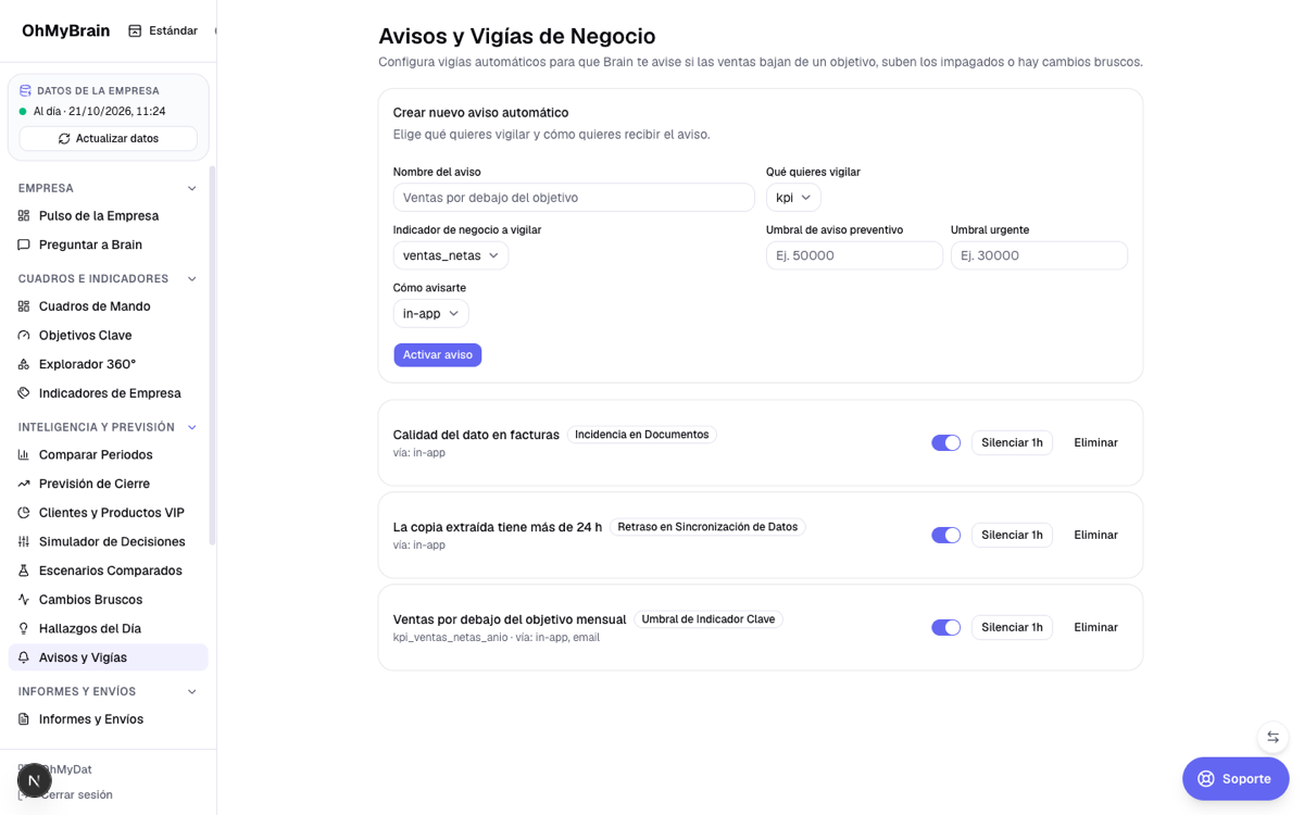 Pantalla Avisos y Vigías con formulario de nueva regla y tres reglas activas